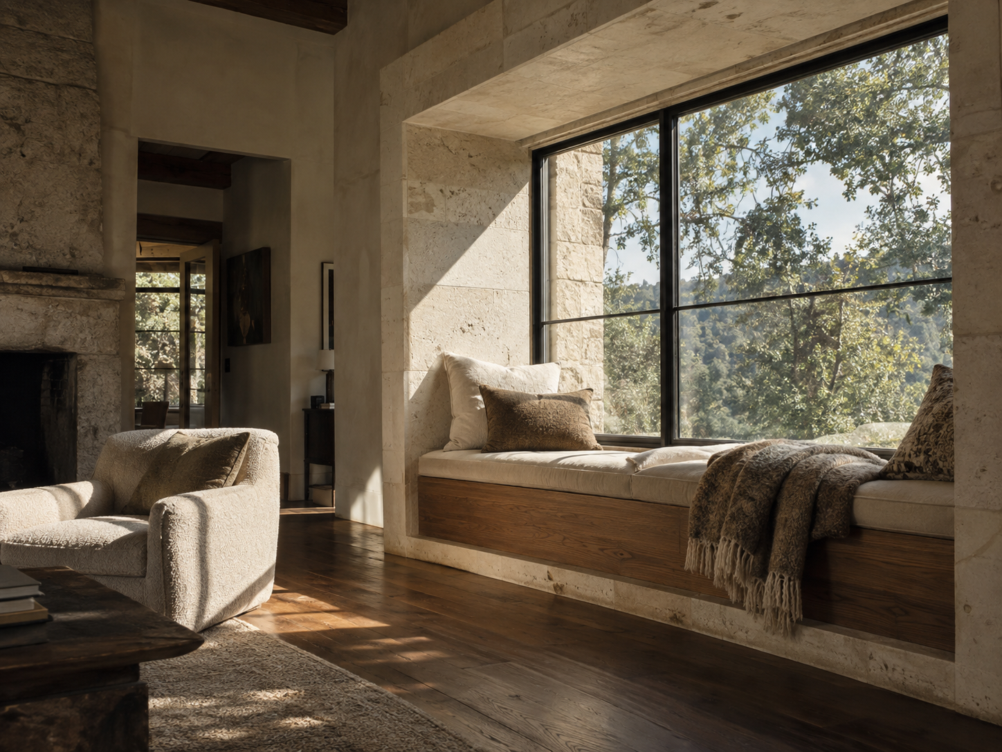 Large architectural windows treated as a design feature, flooding the living room with natural light