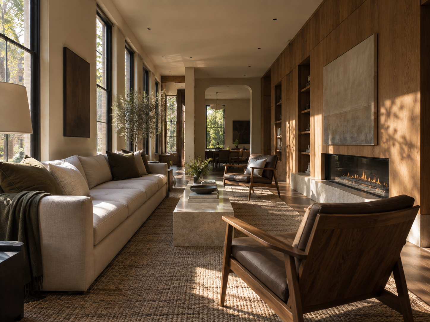 Architectural ceiling details and structural angles highlighted to reveal the character of the living space