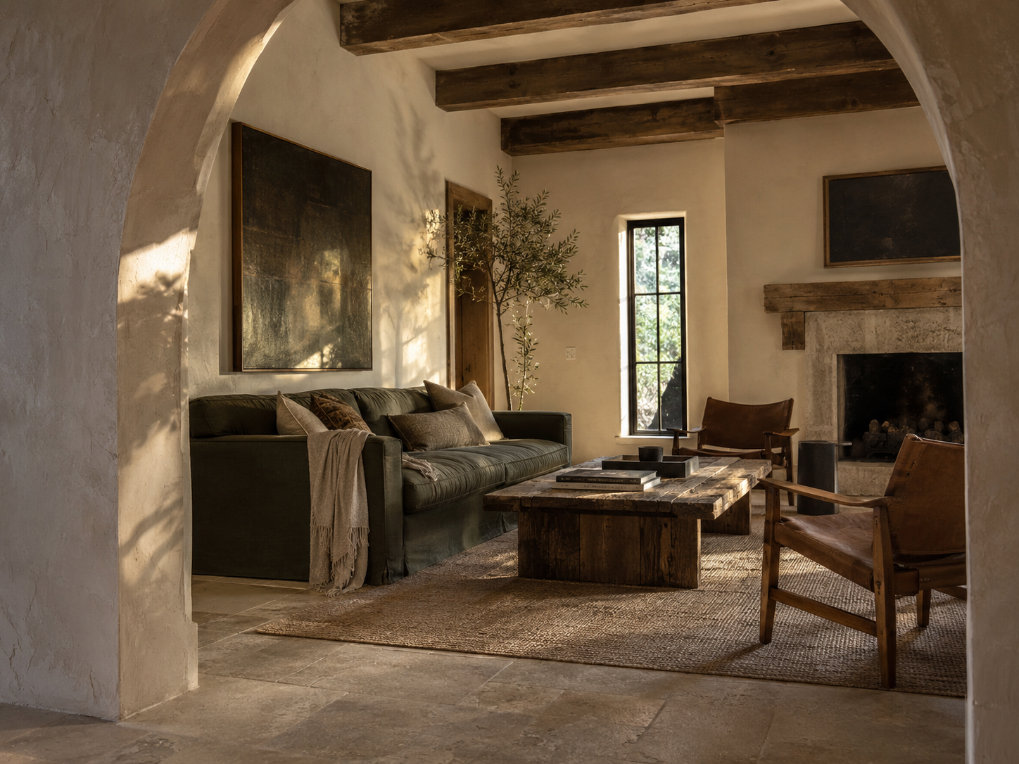 Living room with large windows and glass doors creating a seamless connection to the outdoor landscape