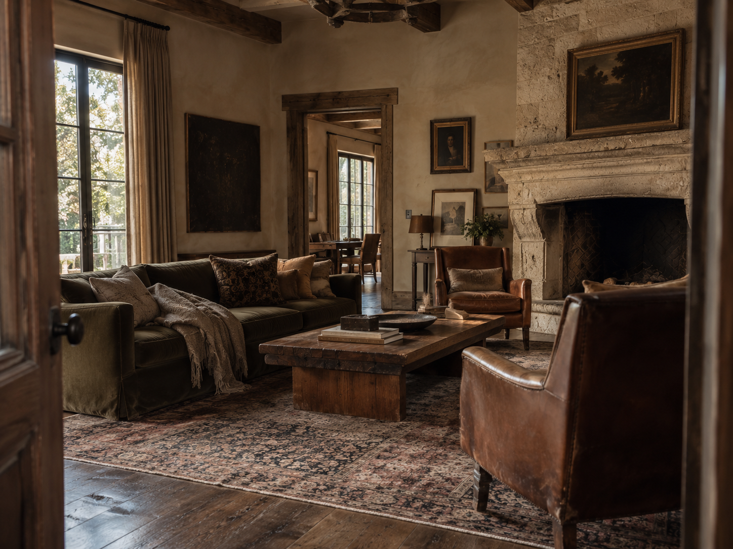 Vintage and aged design details adding warmth, personality, and character to a luxury living room interior