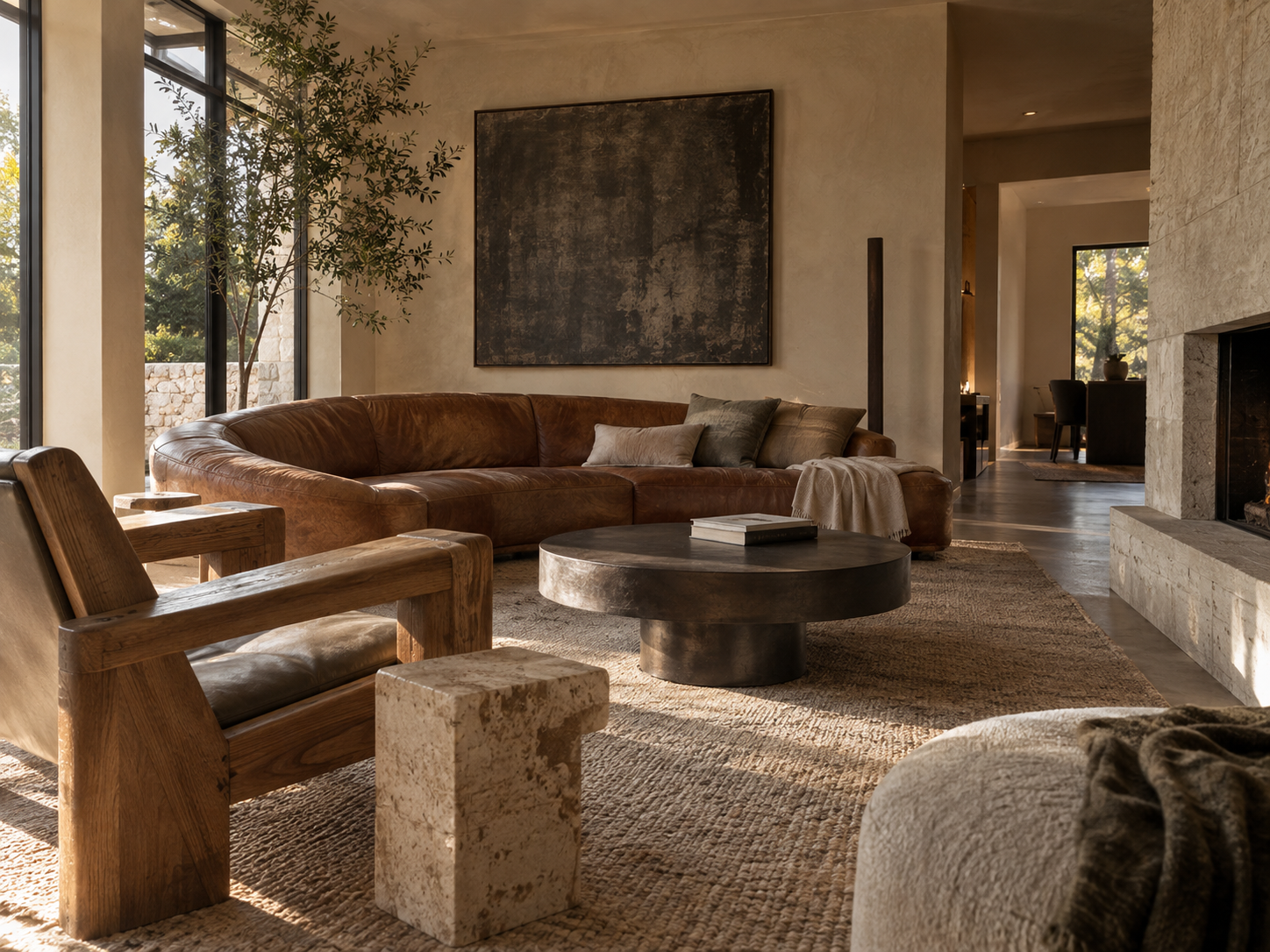 Living room in warm neutral tones creating a comfortable, inviting, and quietly luxurious atmosphere