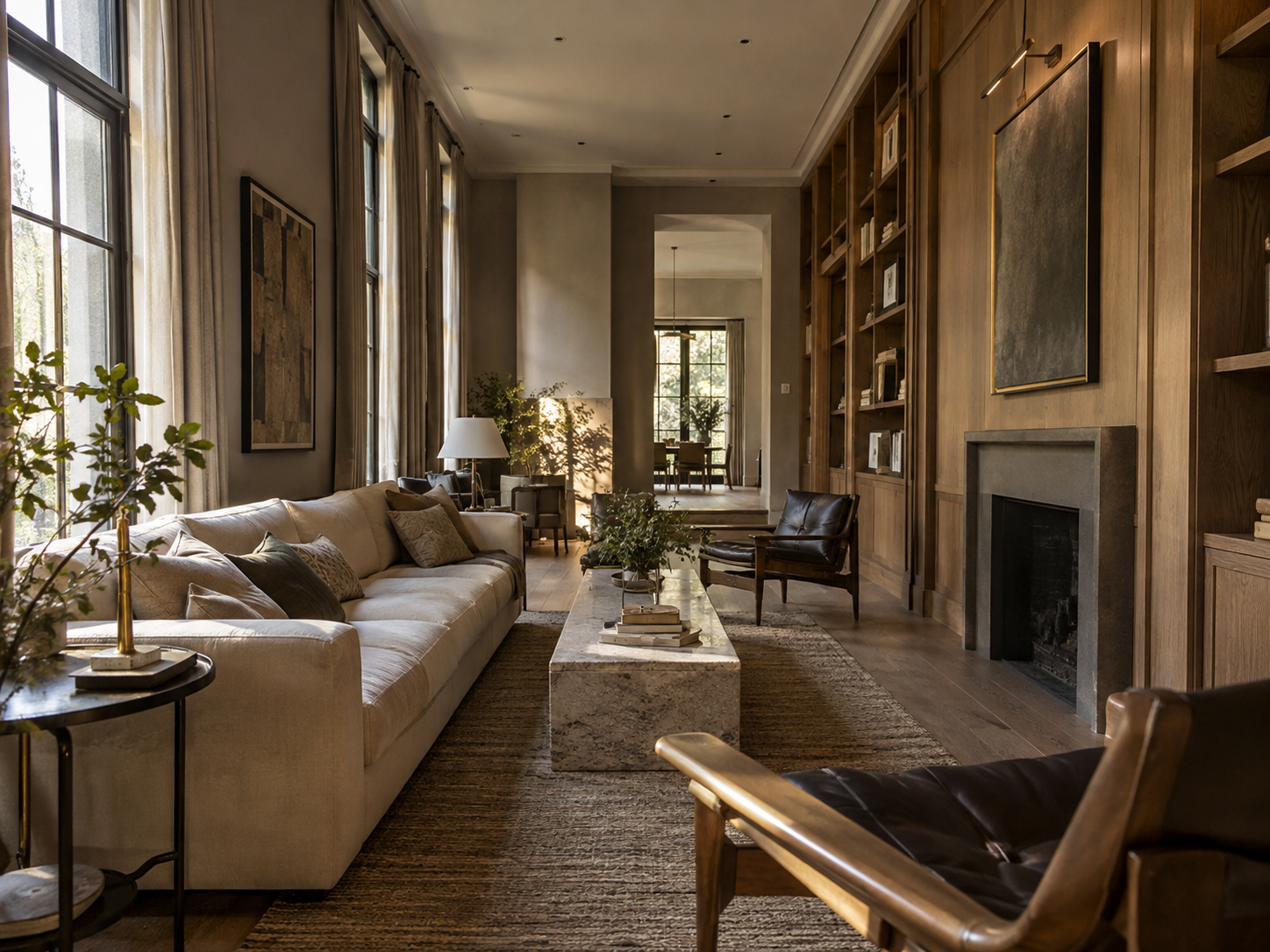 Living room where natural material textures replace decoration, creating a refined, tactile interior