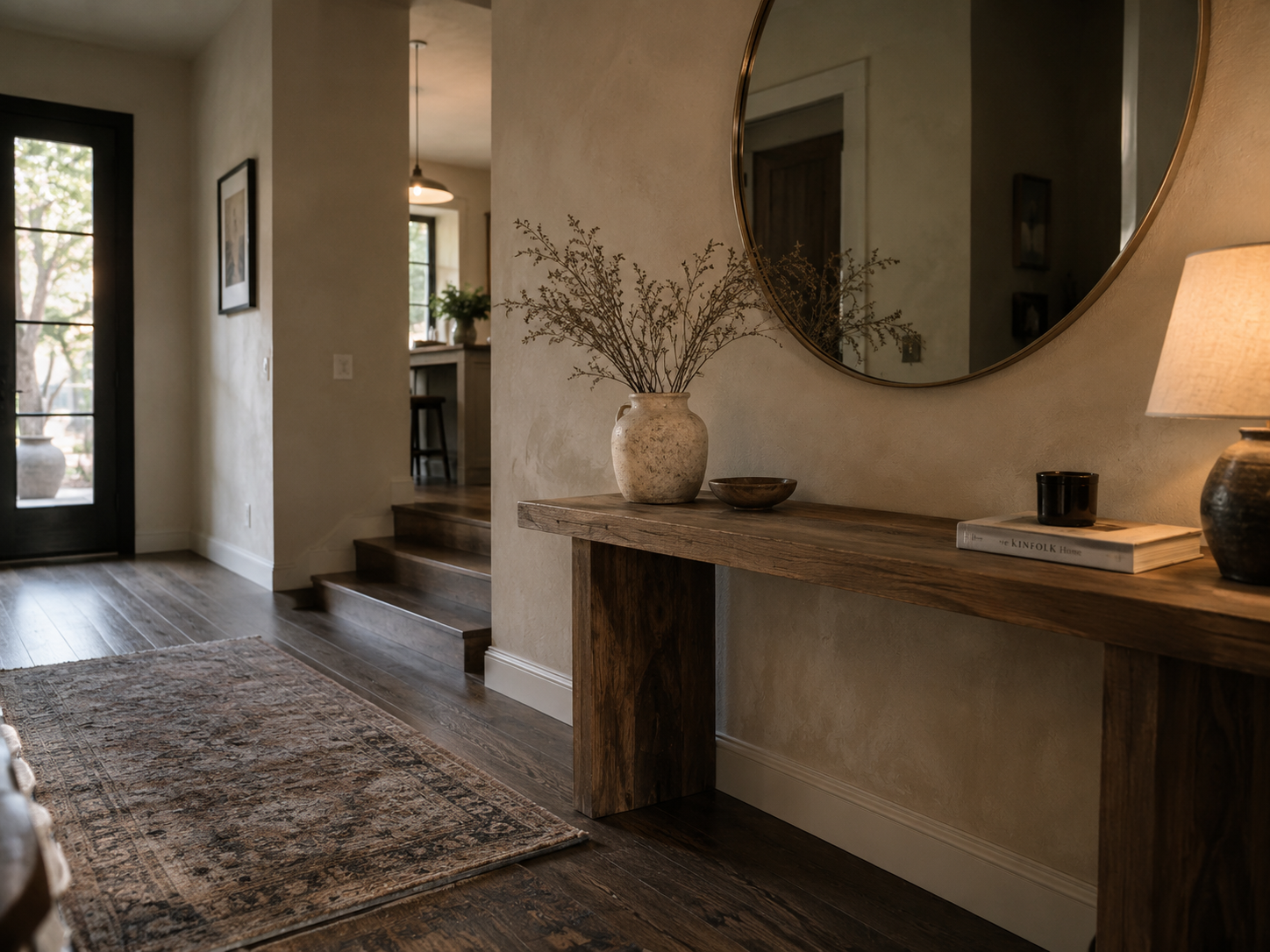 Refined home entryway with warm tones and considered details that create an immediate sense of quality