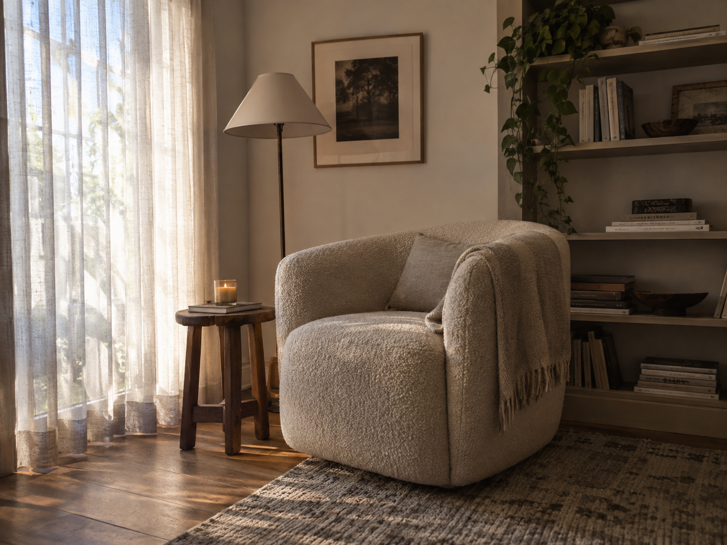 Layered natural textures in a living room including wool, linen and aged wood creating warmth and depth