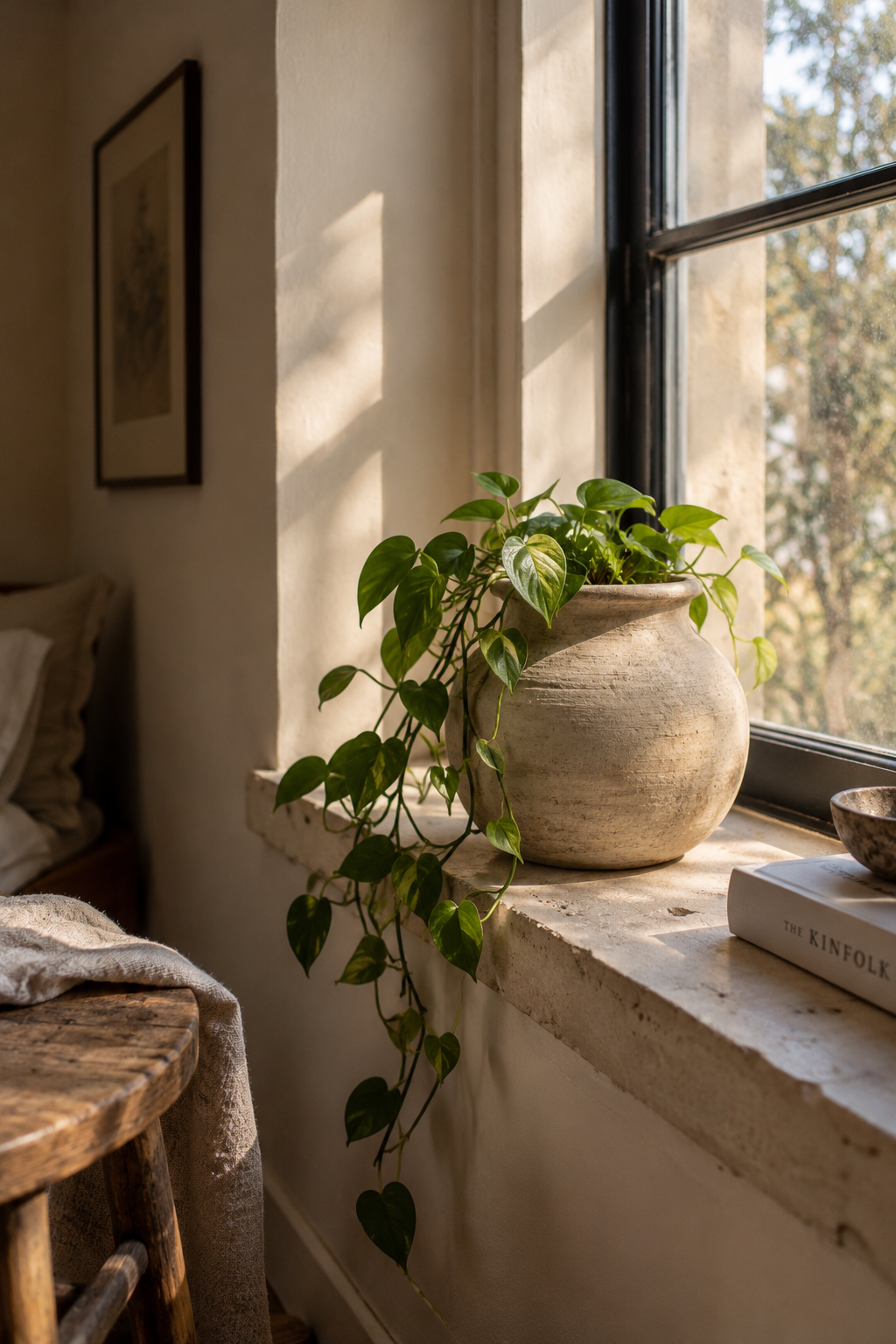Living space with abundant natural light, indoor plants and organic materials creating a calm and inviting interior