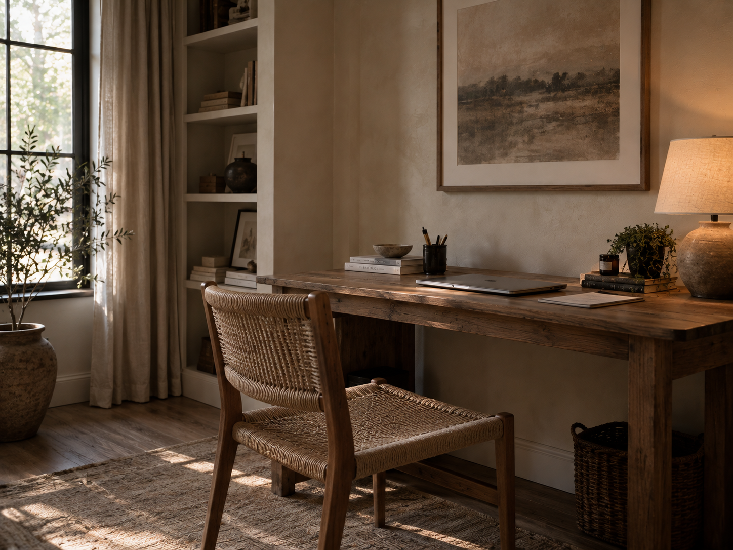 Close view of refined interior details including quality hardware, trim and considered decorative objects