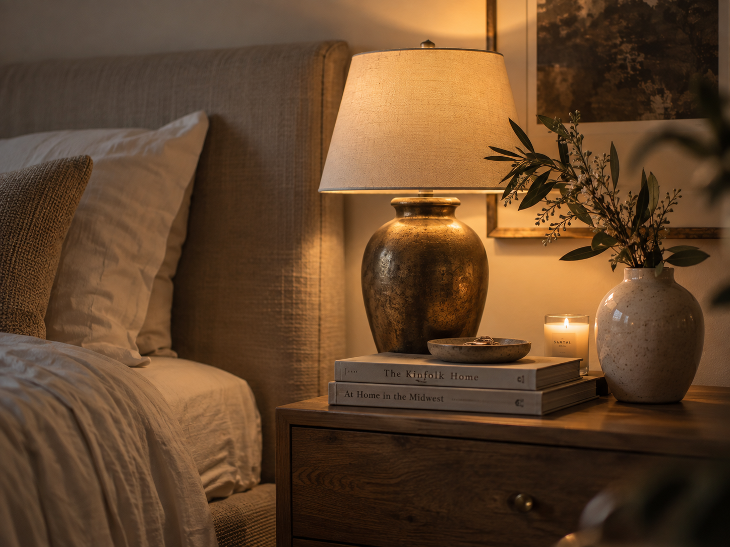 Warmly lit living room with layered ambient lighting from floor lamps and table lamps creating a refined atmosphere