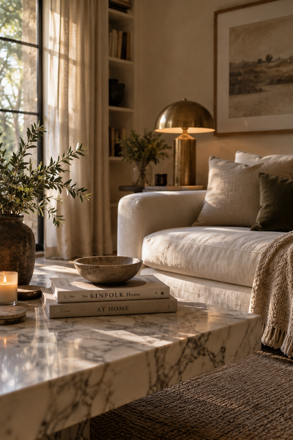 Interior room with layered warm materials including wood surfaces, stone accents and natural textures