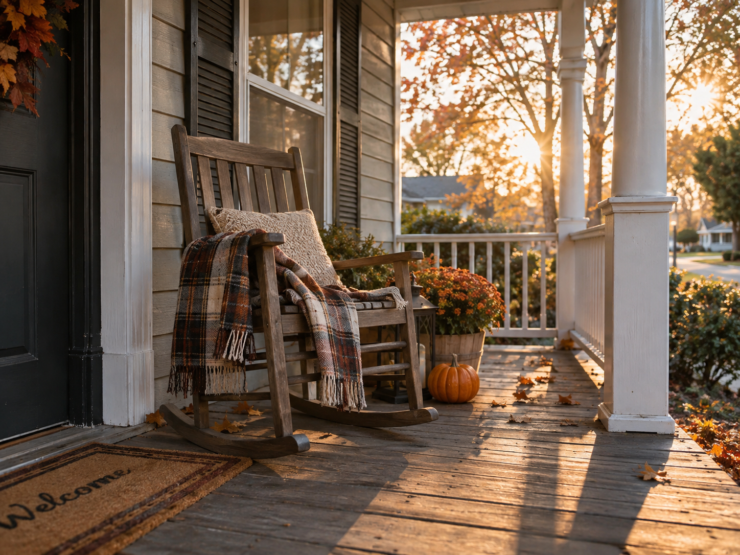 A cozy porch styled with soft layers and warm textiles to create an inviting outdoor space
