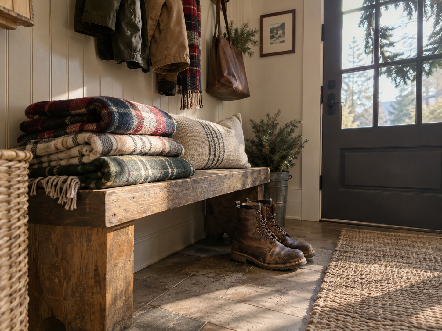 Blankets and layered textures draped over furniture to add warmth and coziness indoors