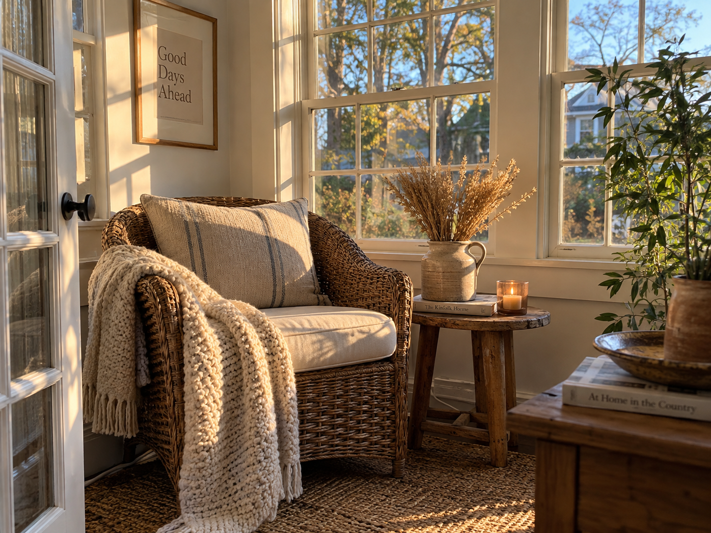 A comfortable reading nook with warm light and soft cushions creating a cozy corner