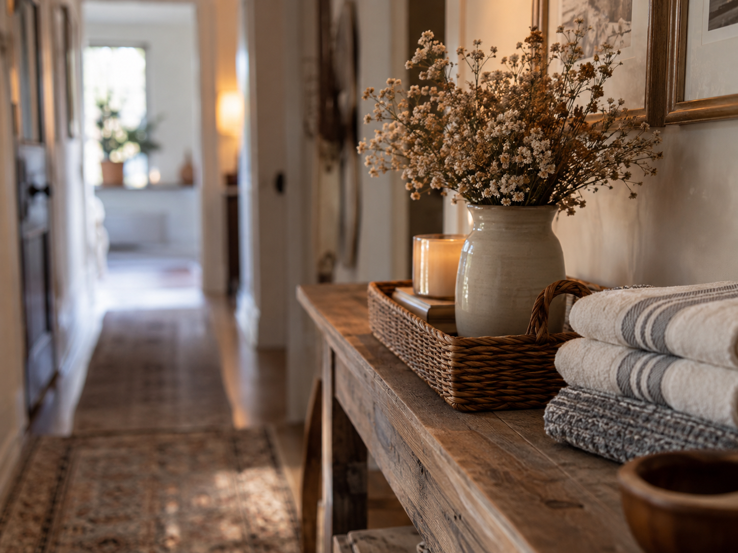 A welcoming hallway styled with simple warm details and soft lighting