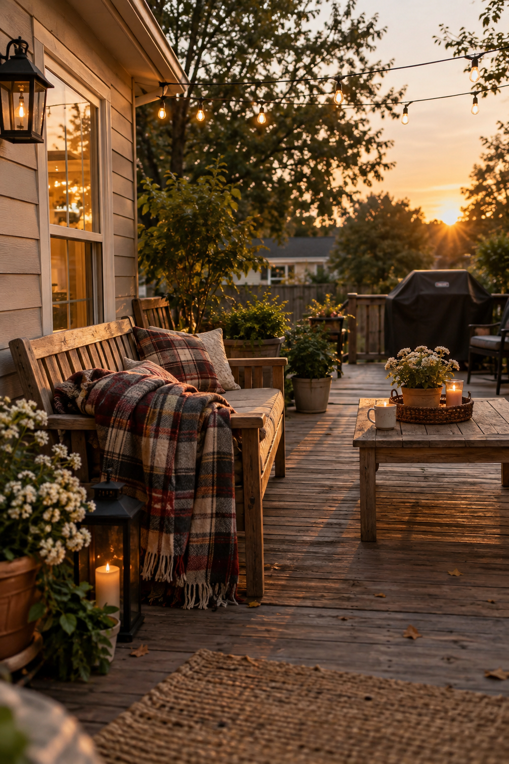 An outdoor evening space with warm ambient lighting and soft furnishings for cozy living