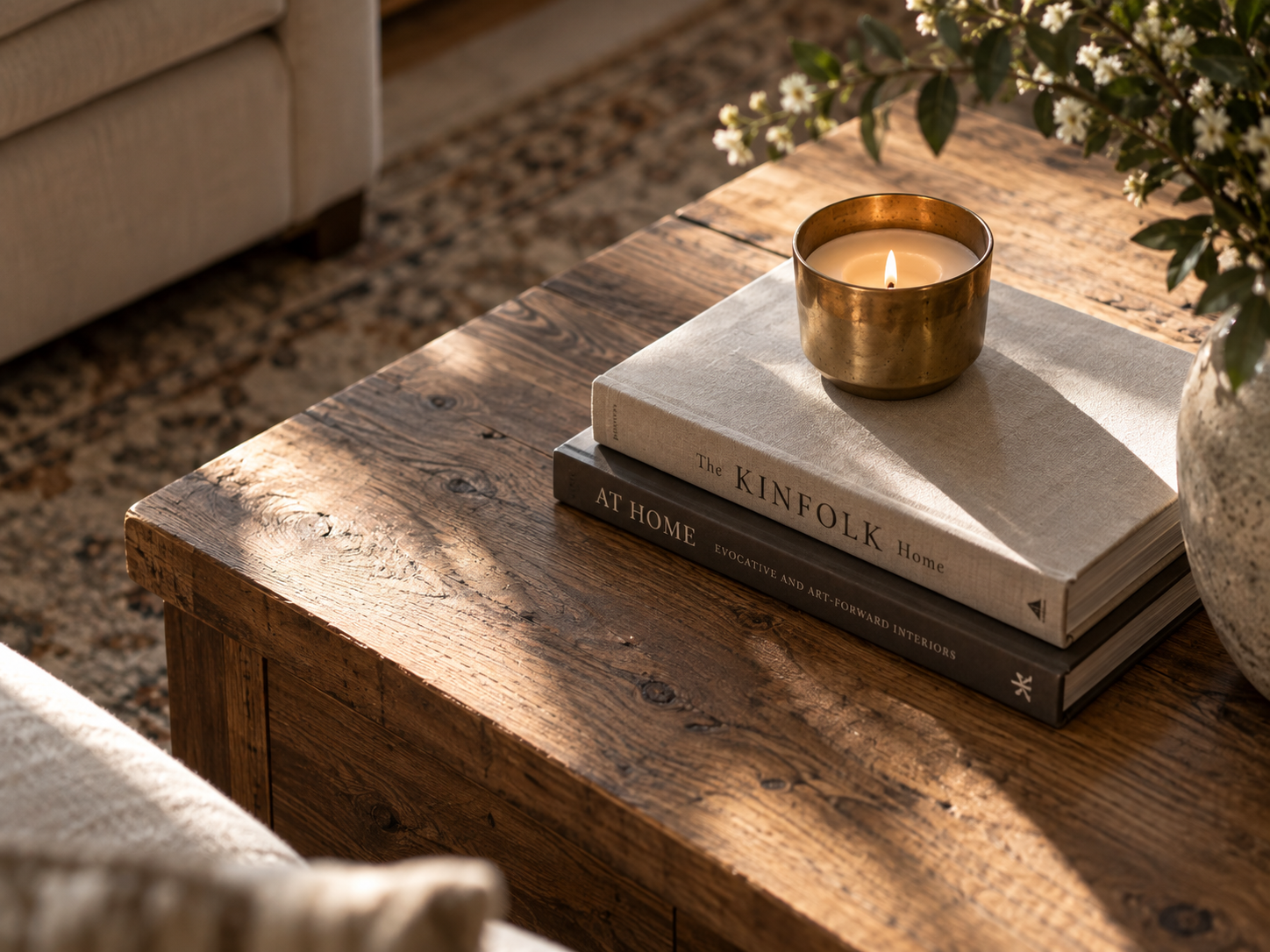 A carefully curated surface with a small selection of beautiful objects arranged with generous space between them