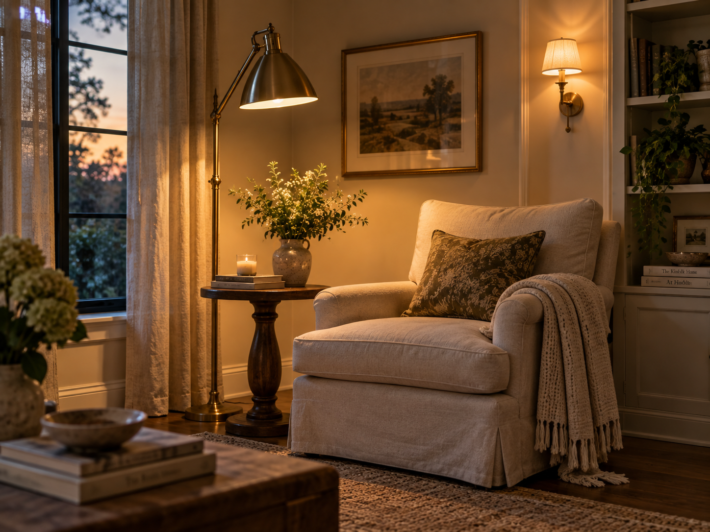 A living room interior with multiple light sources including a floor lamp, table lamp and natural daylight