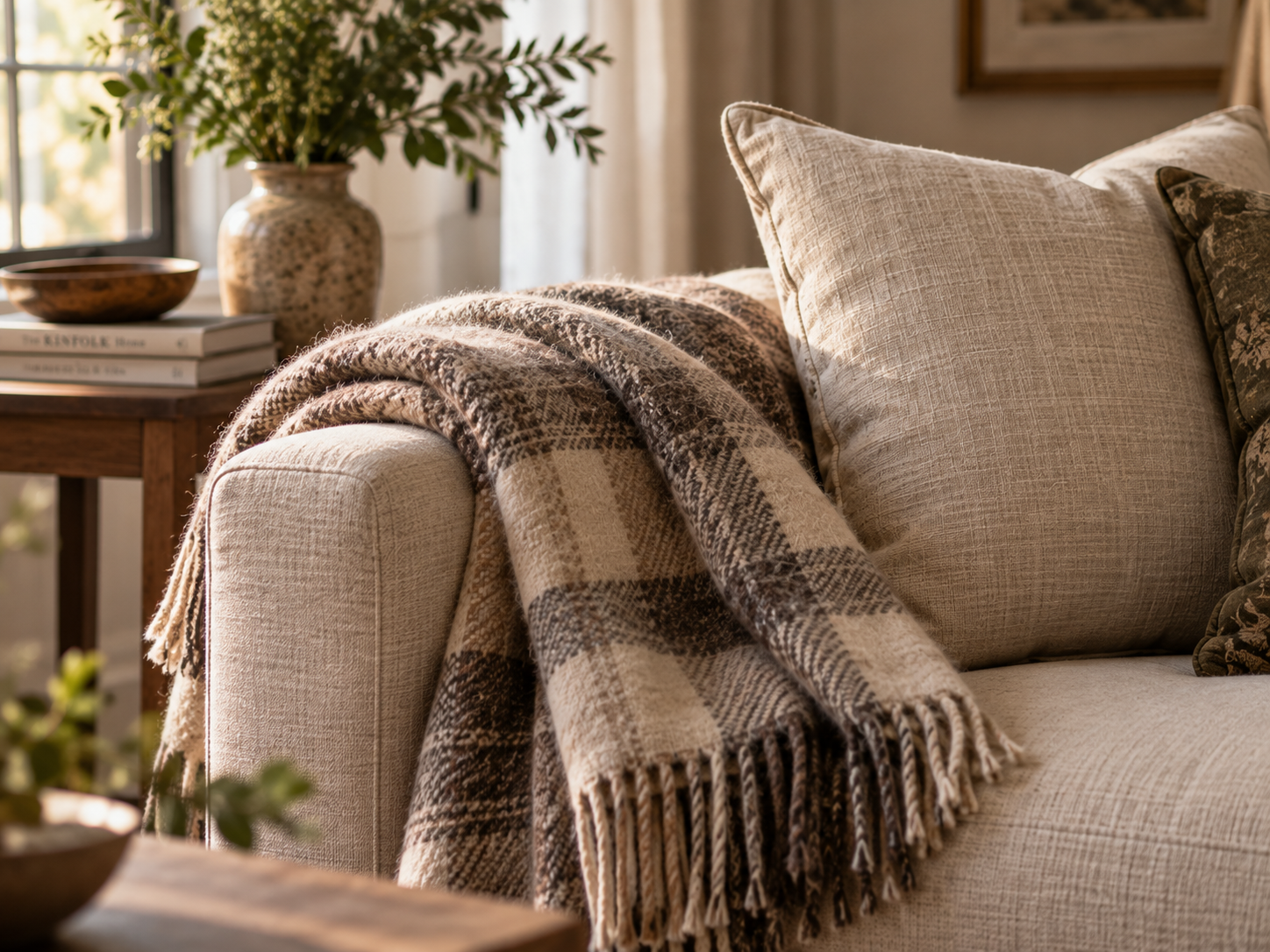 Natural linen textiles and warm wood surfaces layered together in a softly lit living room interior