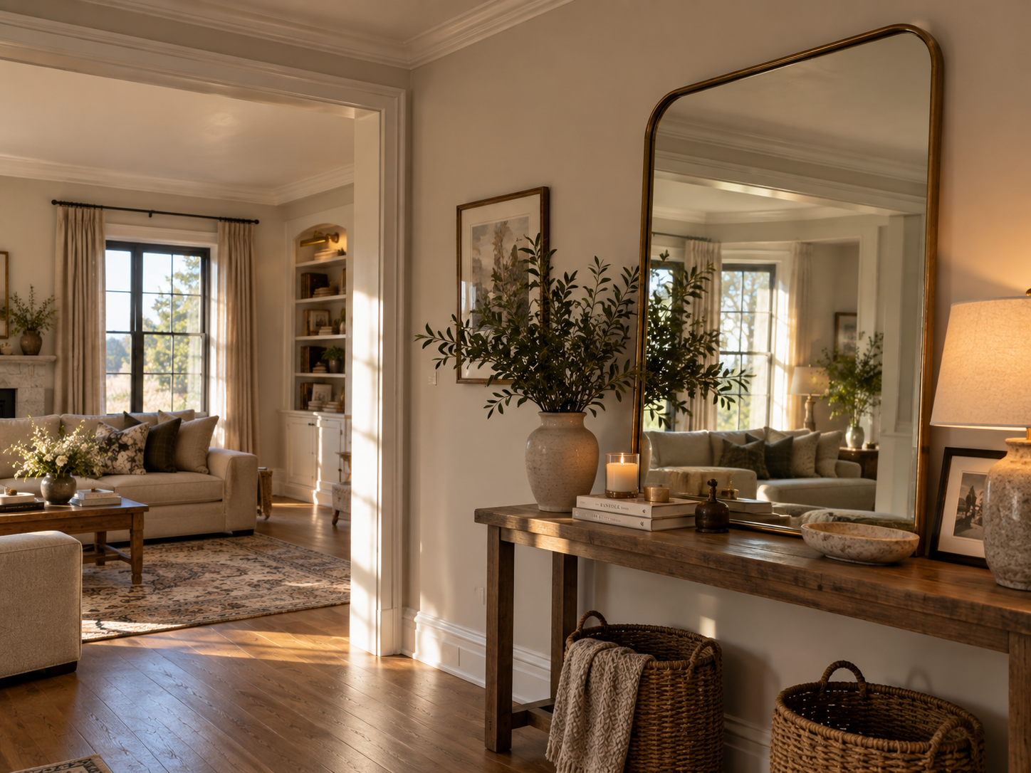 A carefully placed mirror reflecting natural light and architectural space within a quiet, refined living room