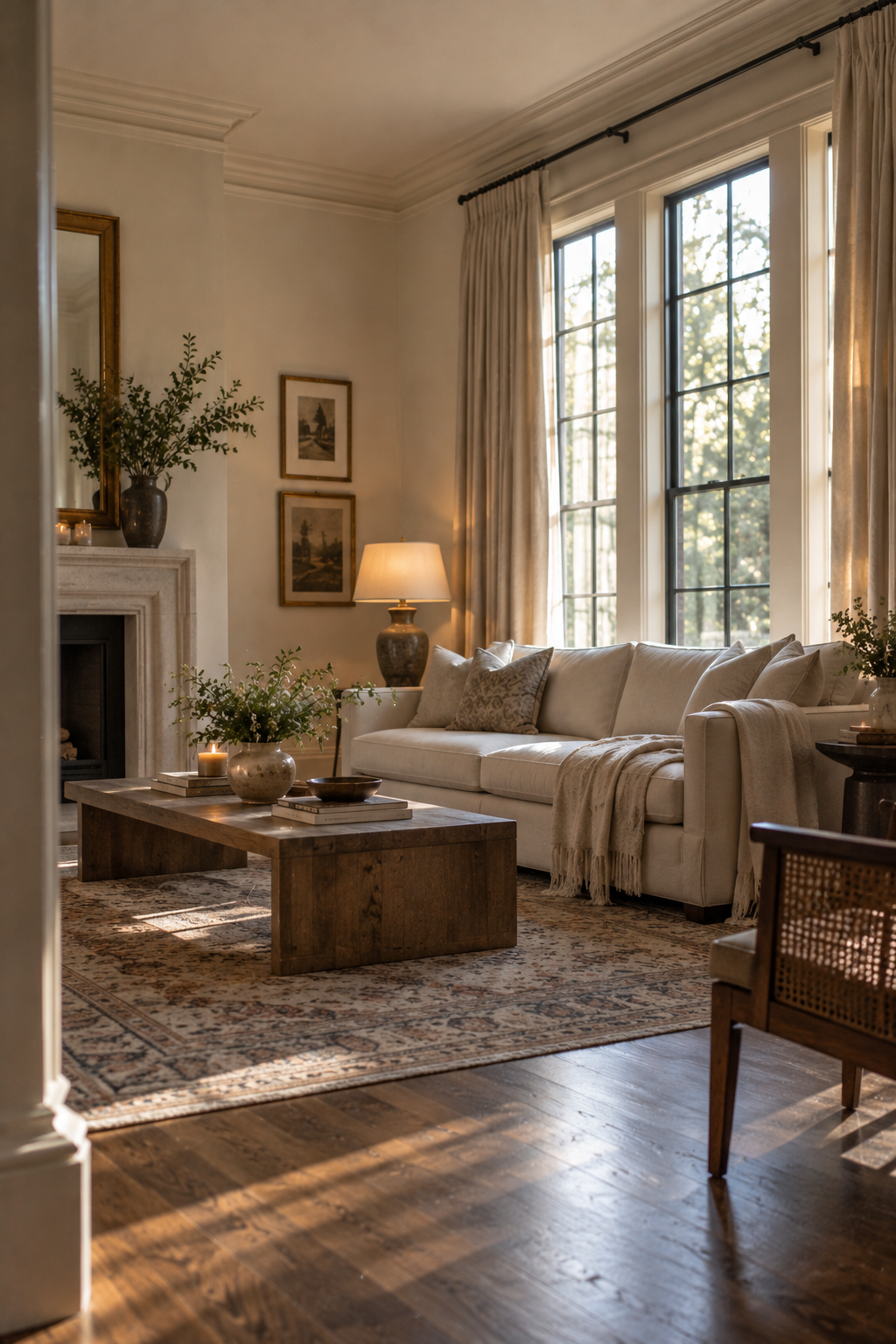 Furniture arranged with generous spacing between pieces, allowing each element to be appreciated individually