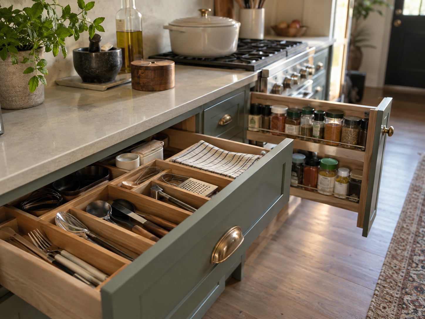 Organised kitchen interior with considered storage solutions and refined cabinetry