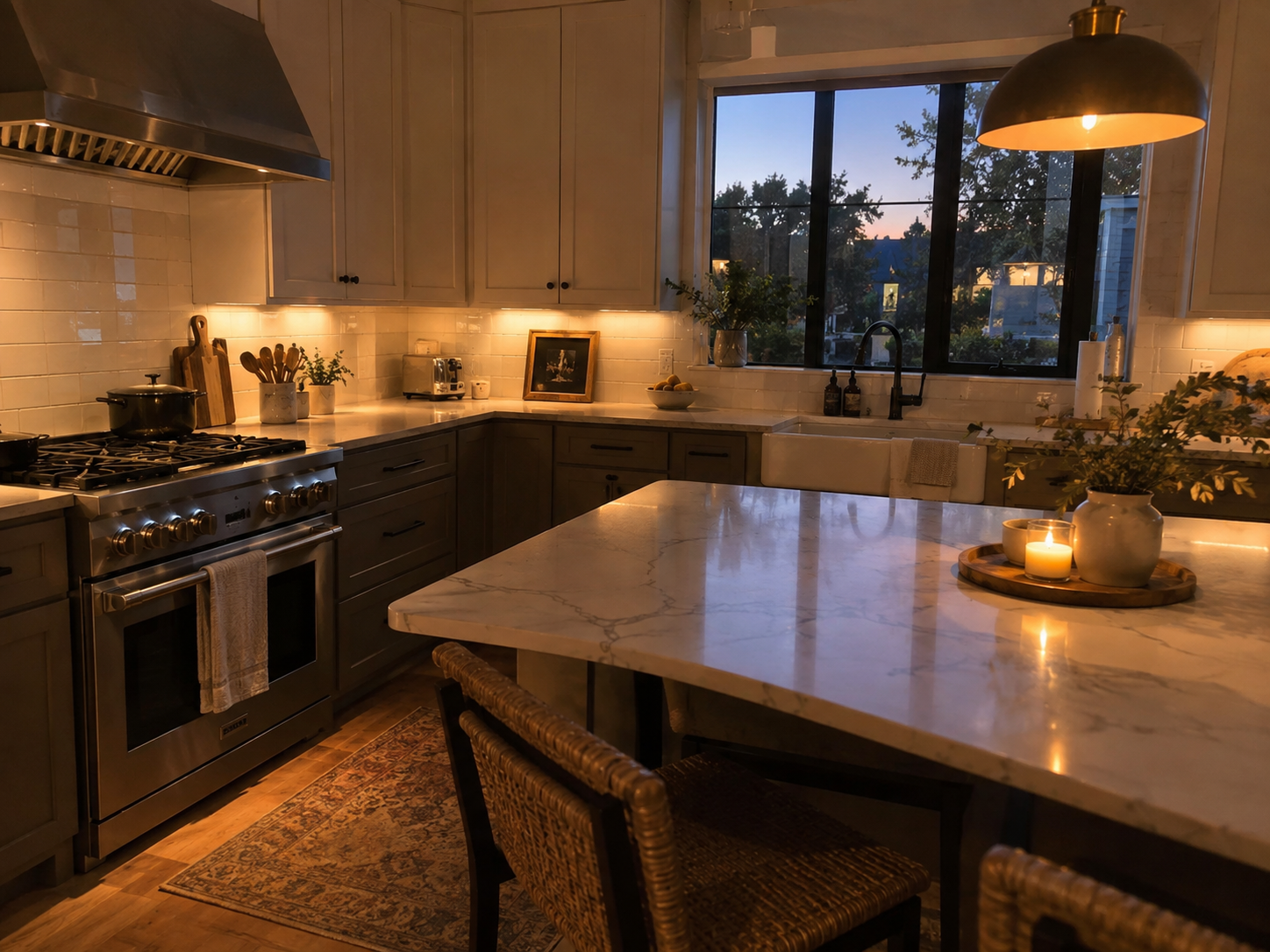 Warm layered kitchen lighting with ambient and task illumination creating an inviting atmosphere