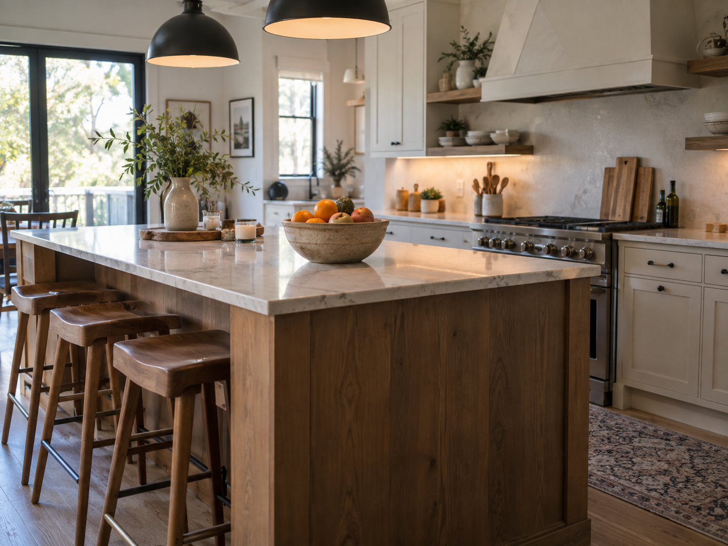 A generously proportioned kitchen island serving as the centrepiece of a refined kitchen space