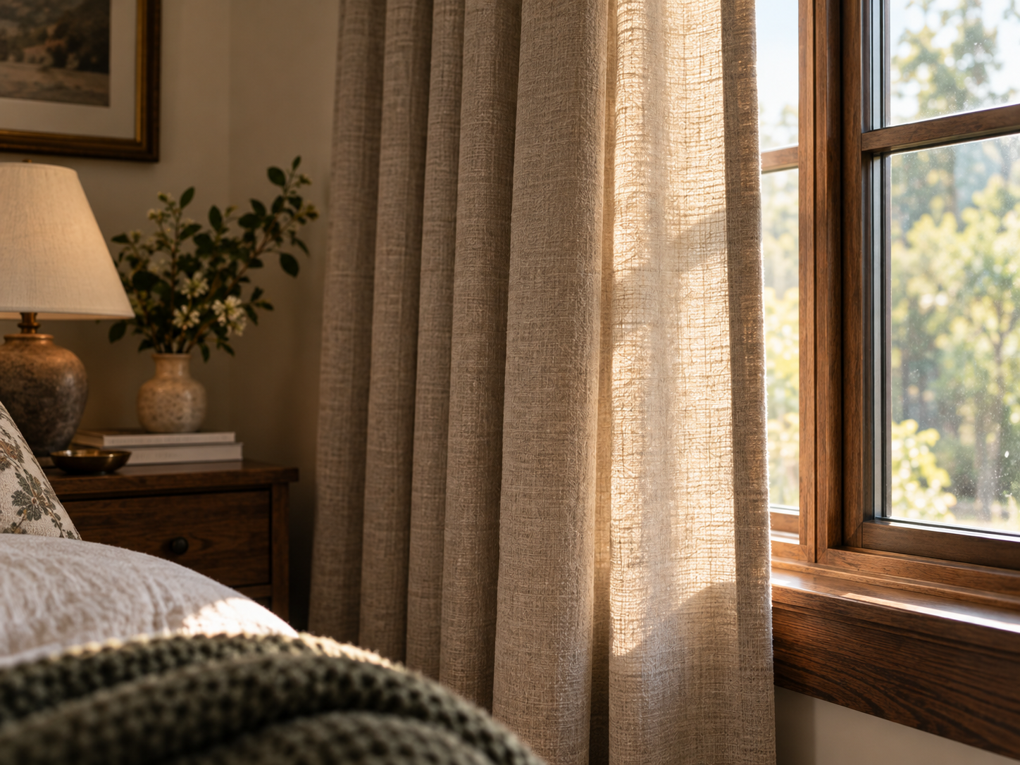 Bedroom with soft linen curtains filtering warm natural daylight