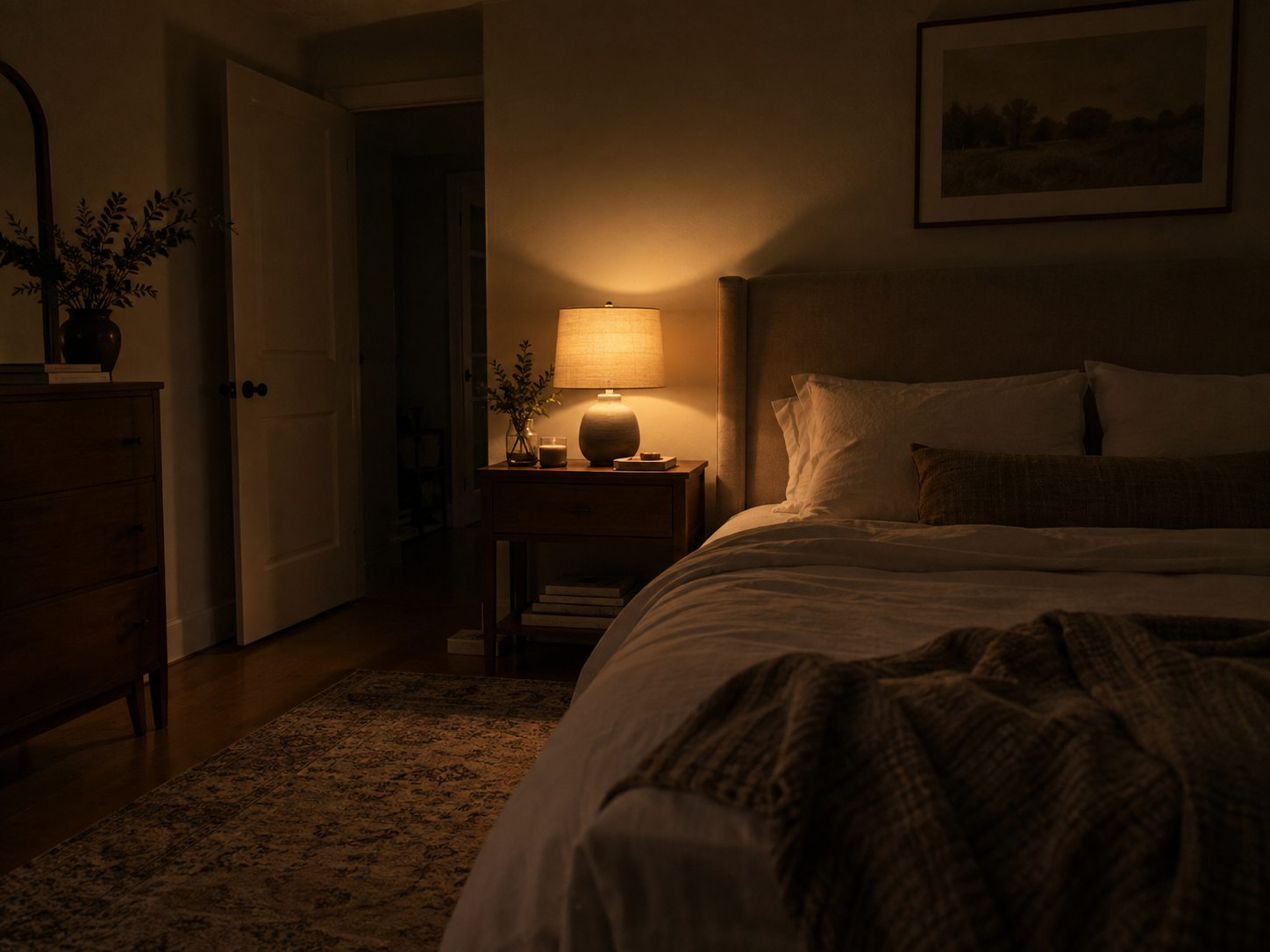 Bedroom with warm ambient lamp lighting creating a calm evening atmosphere