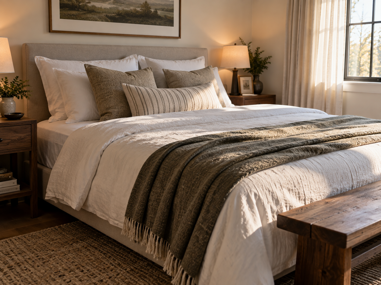 Calm bedroom with layered linen bedding in soft neutral tones