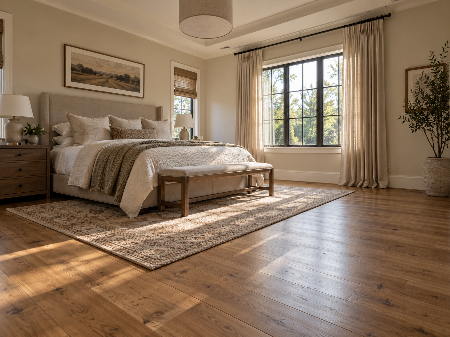 Spacious bedroom with minimal furniture and generous open floor space