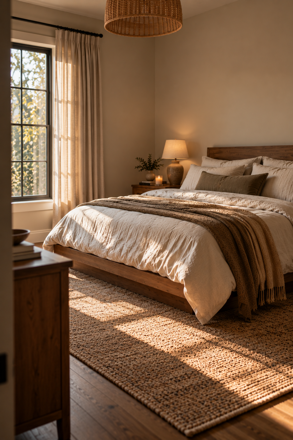 Bedroom with natural texture from linen, rattan and warm wood surfaces