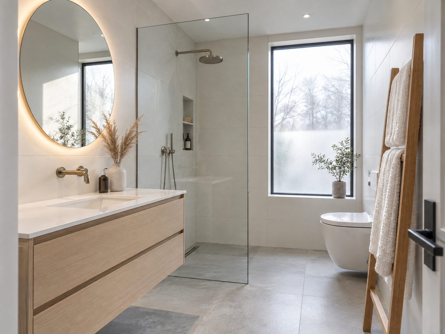 Large mirror in a small bathroom reflecting natural light and creating the illusion of a bigger space
