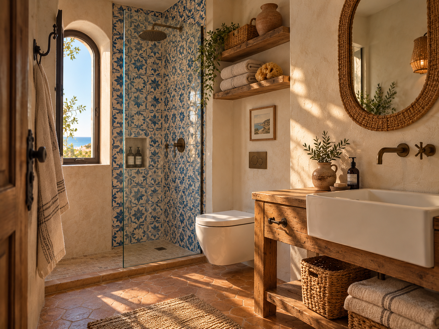 Small bathroom with distinctive tile, warm materials and architectural character