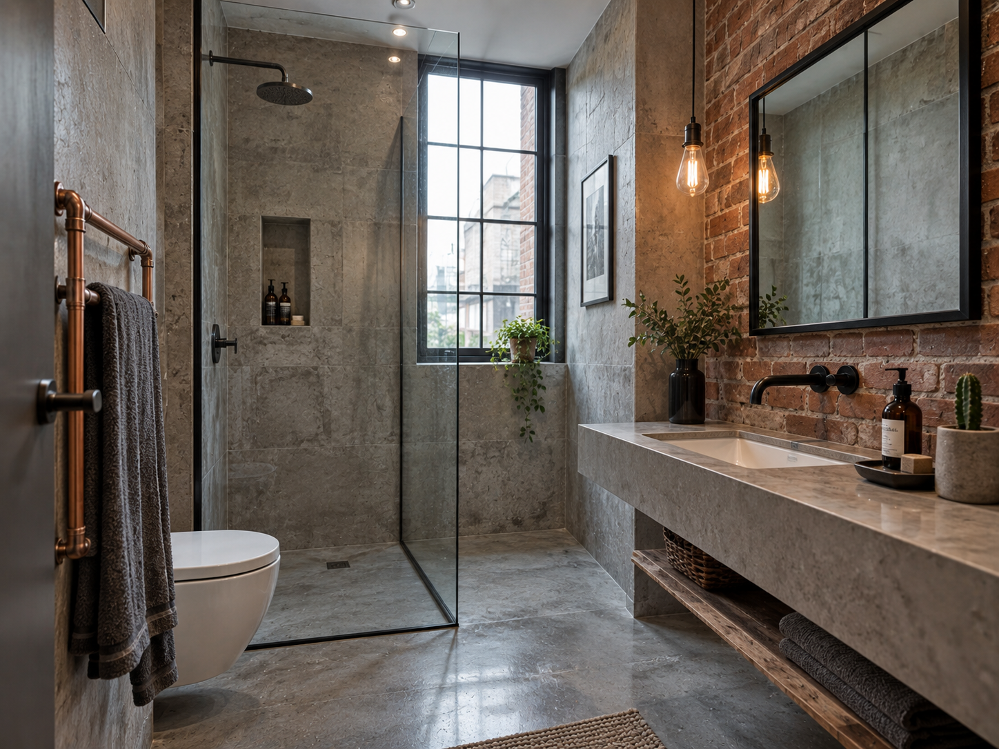 Small bathroom with wall-hung vanity and open floor creating an airy, spacious feeling