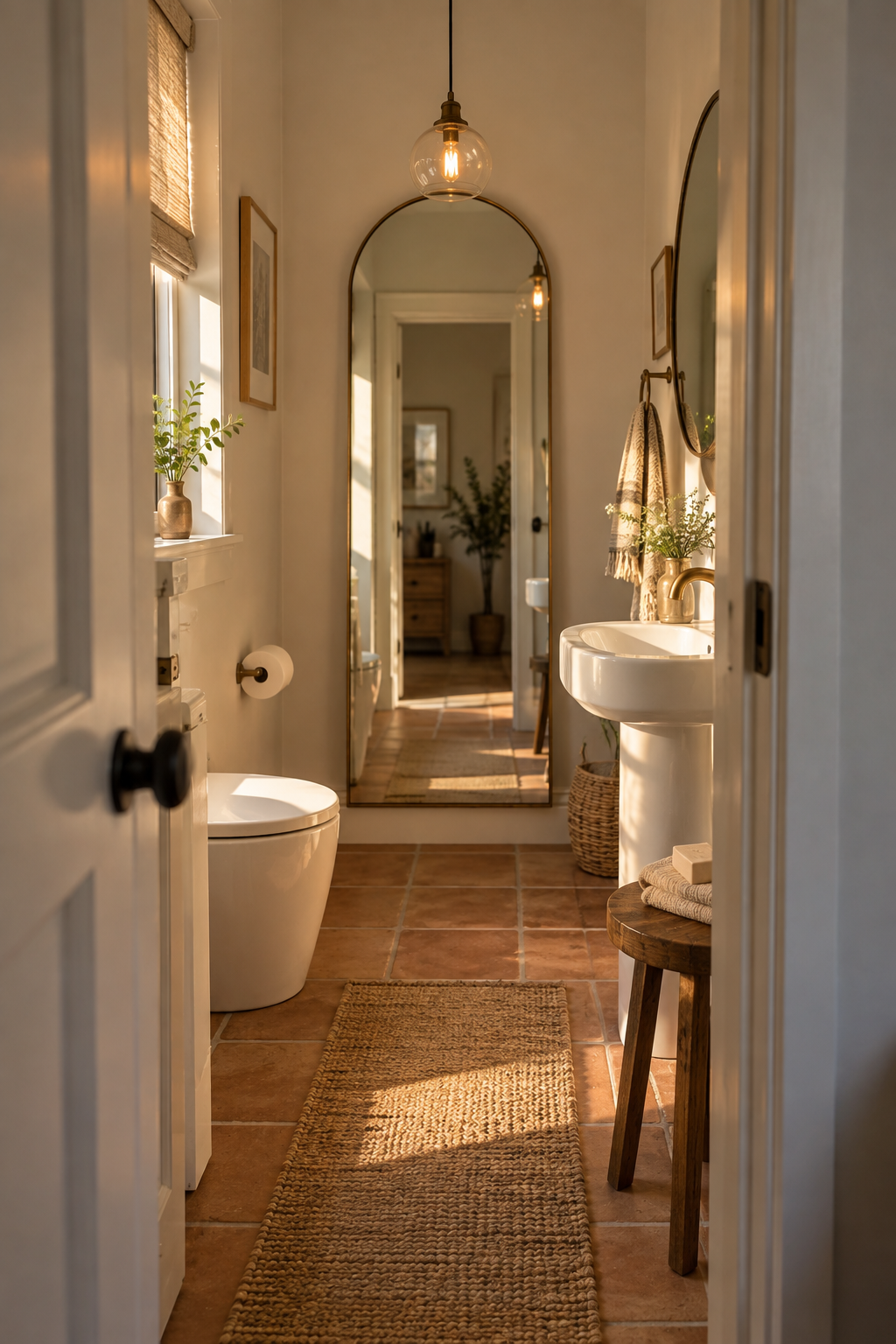 Long narrow bathroom using mirrored surfaces and reflective tiles to visually widen the space
