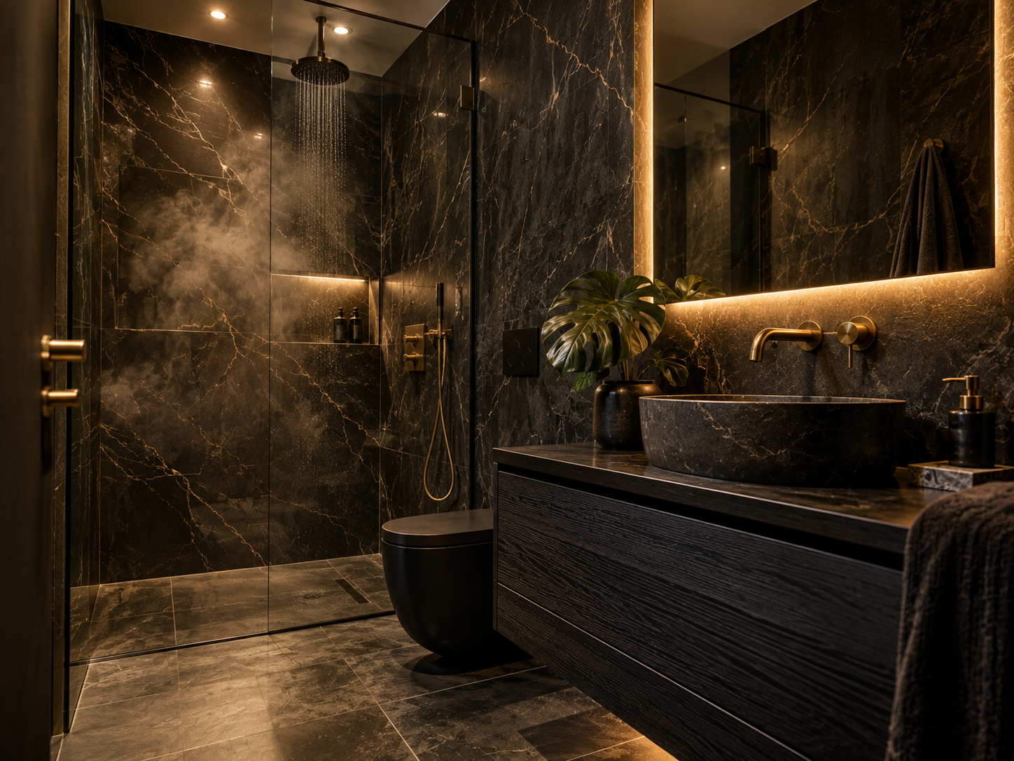 Small bathroom with contrasting dark and light tones that add depth without feeling heavy