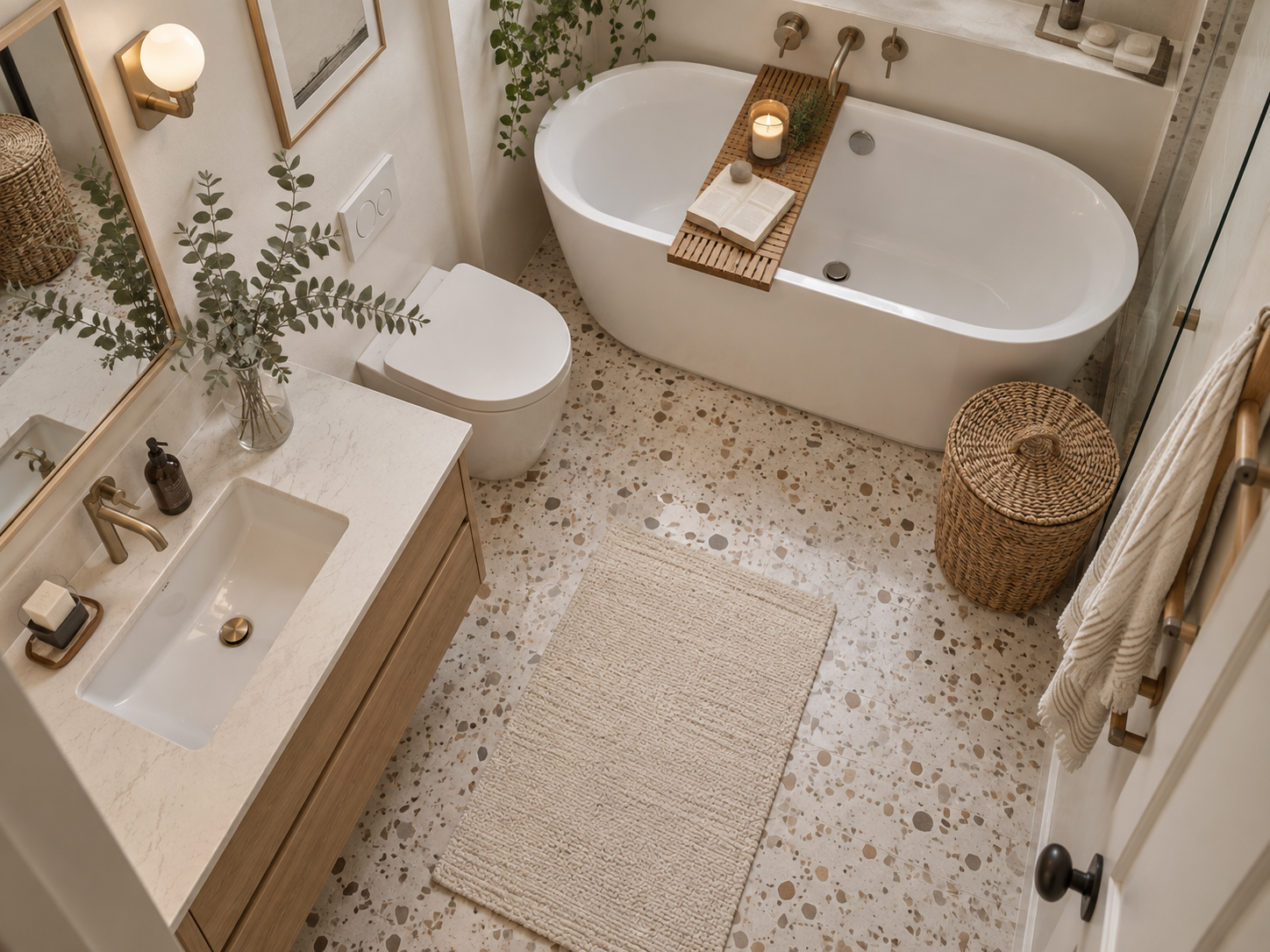 Overhead view of a thoughtfully planned small bathroom layout with considered placement of fixtures