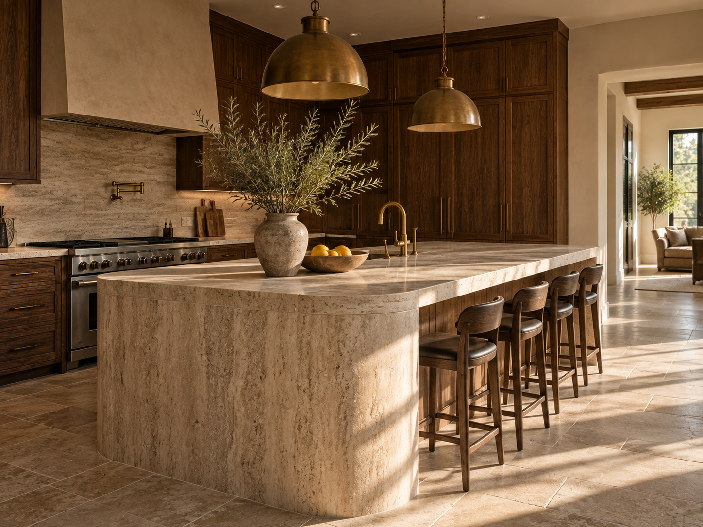 Natural stone and aged timber surfaces in a refined luxury kitchen interior