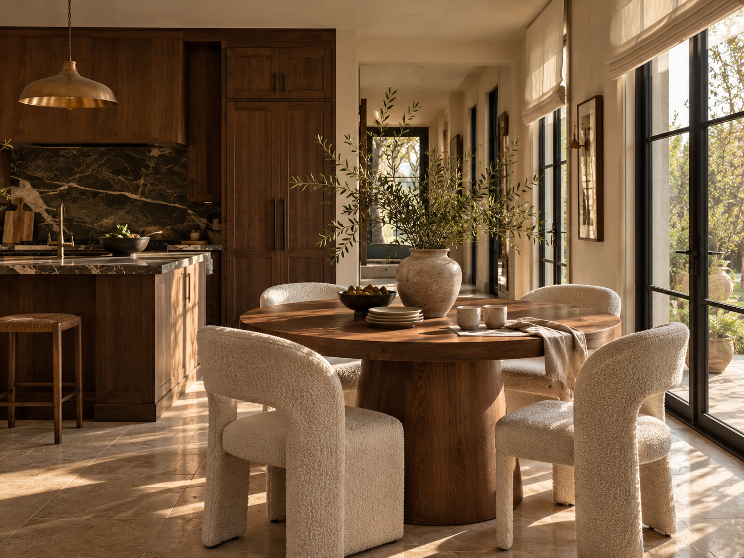 Open kitchen layout designed for gathering with generous seating and warm natural materials