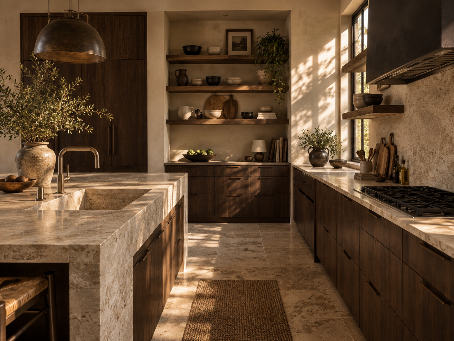 Open kitchen shelving styled with restraint and natural objects in a quiet luxury interior