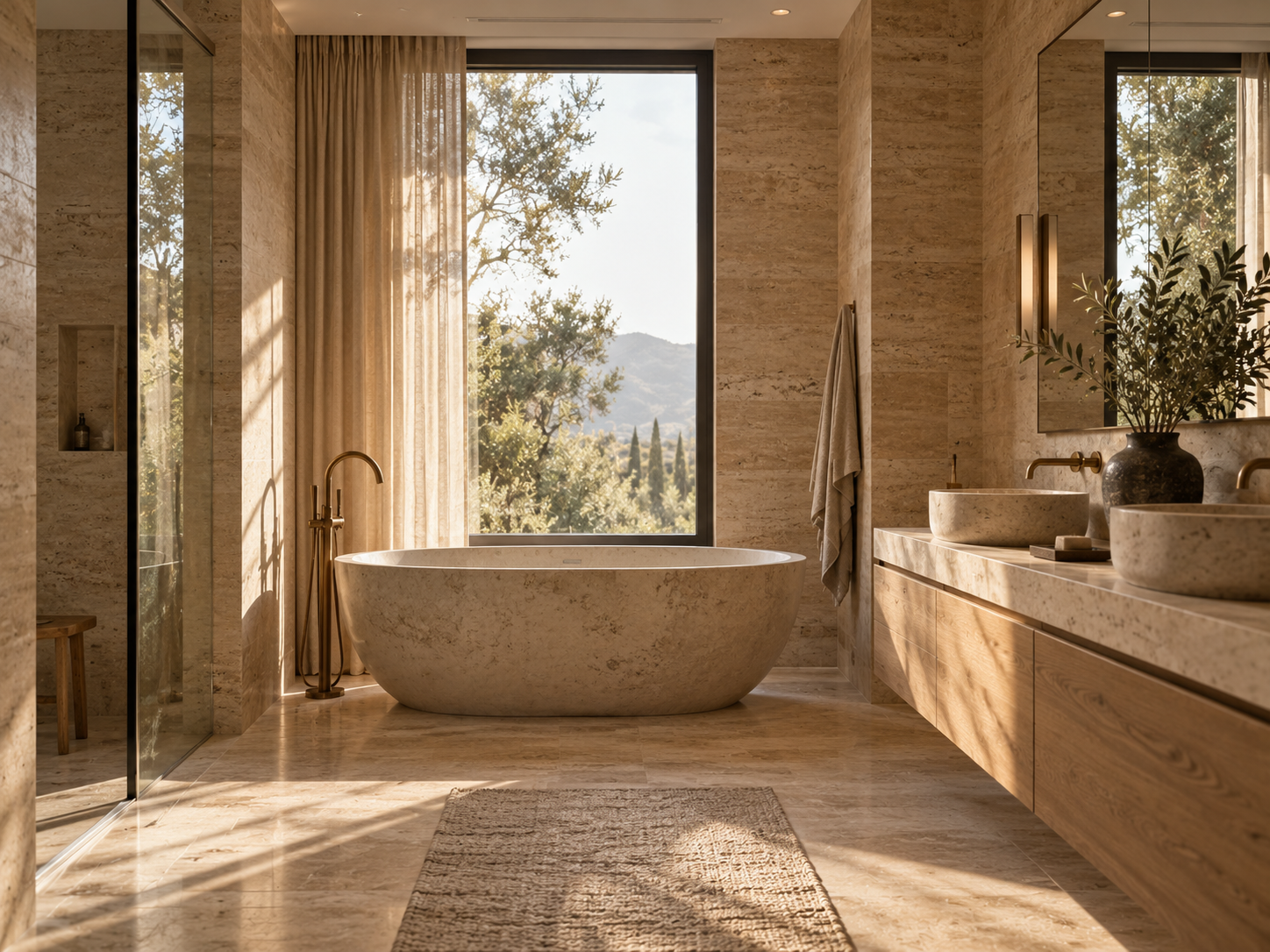 Spa bathroom flooded with natural light through large windows creating a calm wellness atmosphere