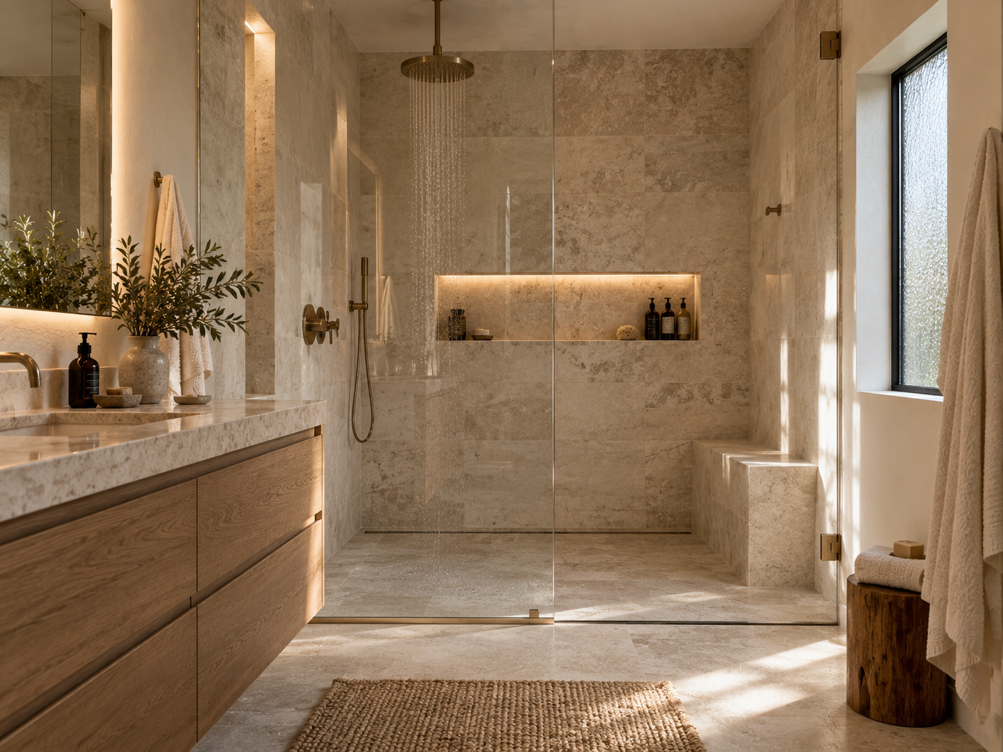 Luxury walk-in shower with natural stone walls and rainfall head creating a private spa retreat