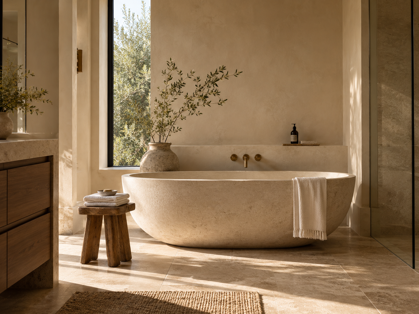 Freestanding bathtub positioned as sculptural centrepiece in a quiet luxury bathroom interior
