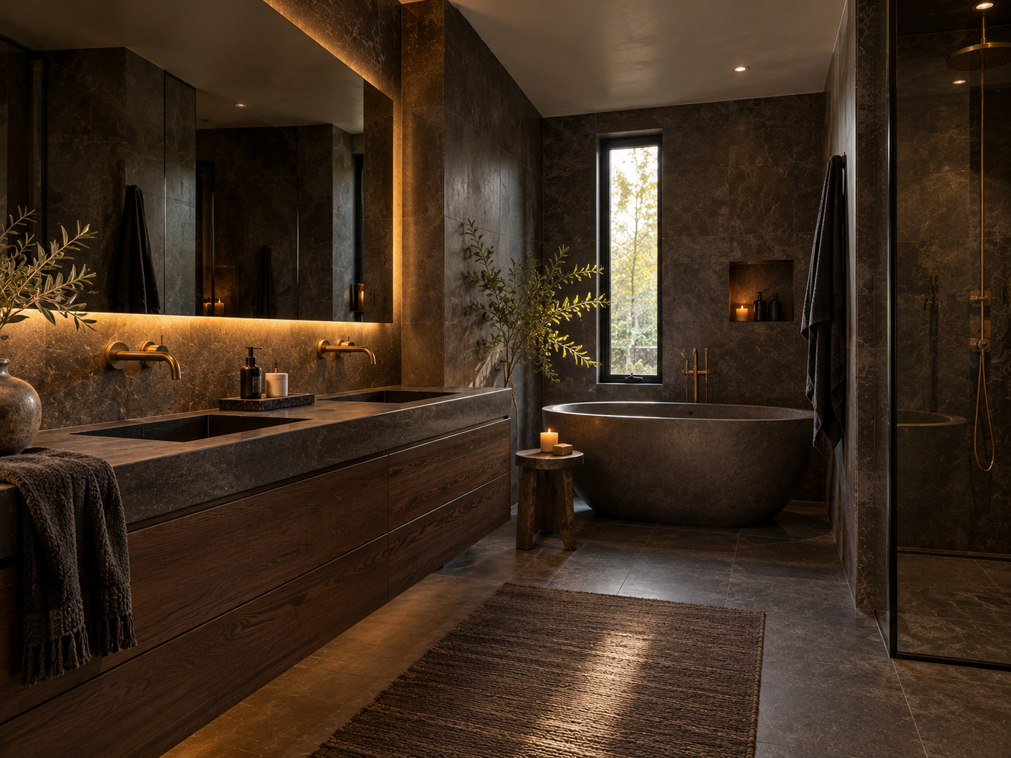 Spa bathroom with earthy neutral color palette of warm stone tones and natural textures
