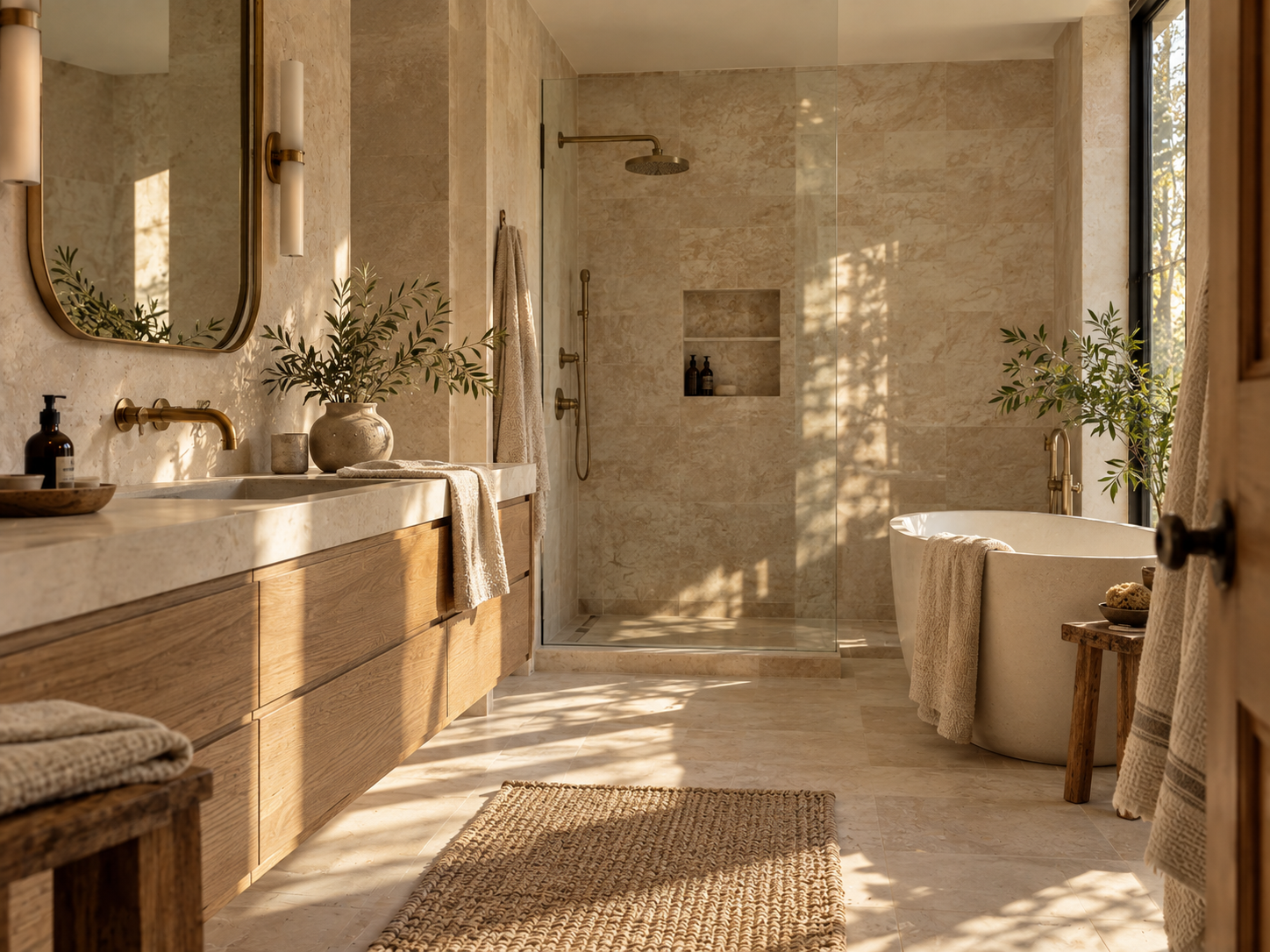 Natural stone bathroom walls and floors creating a grounded luxury spa interior