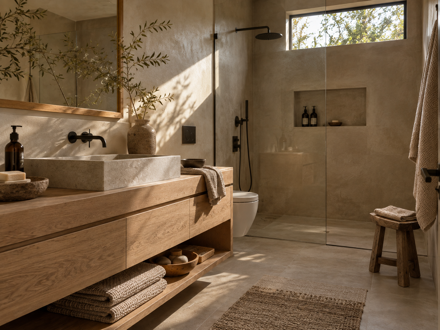 Warm timber vanity and wood accents creating organic warmth in a luxury spa bathroom