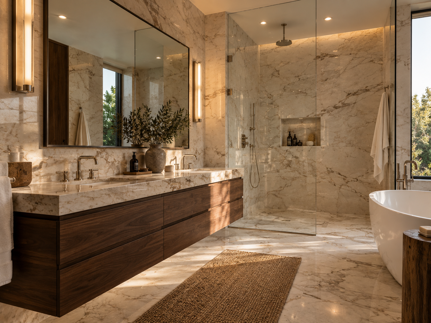 Layered bathroom lighting with warm ambient glow and soft task lighting in a spa interior
