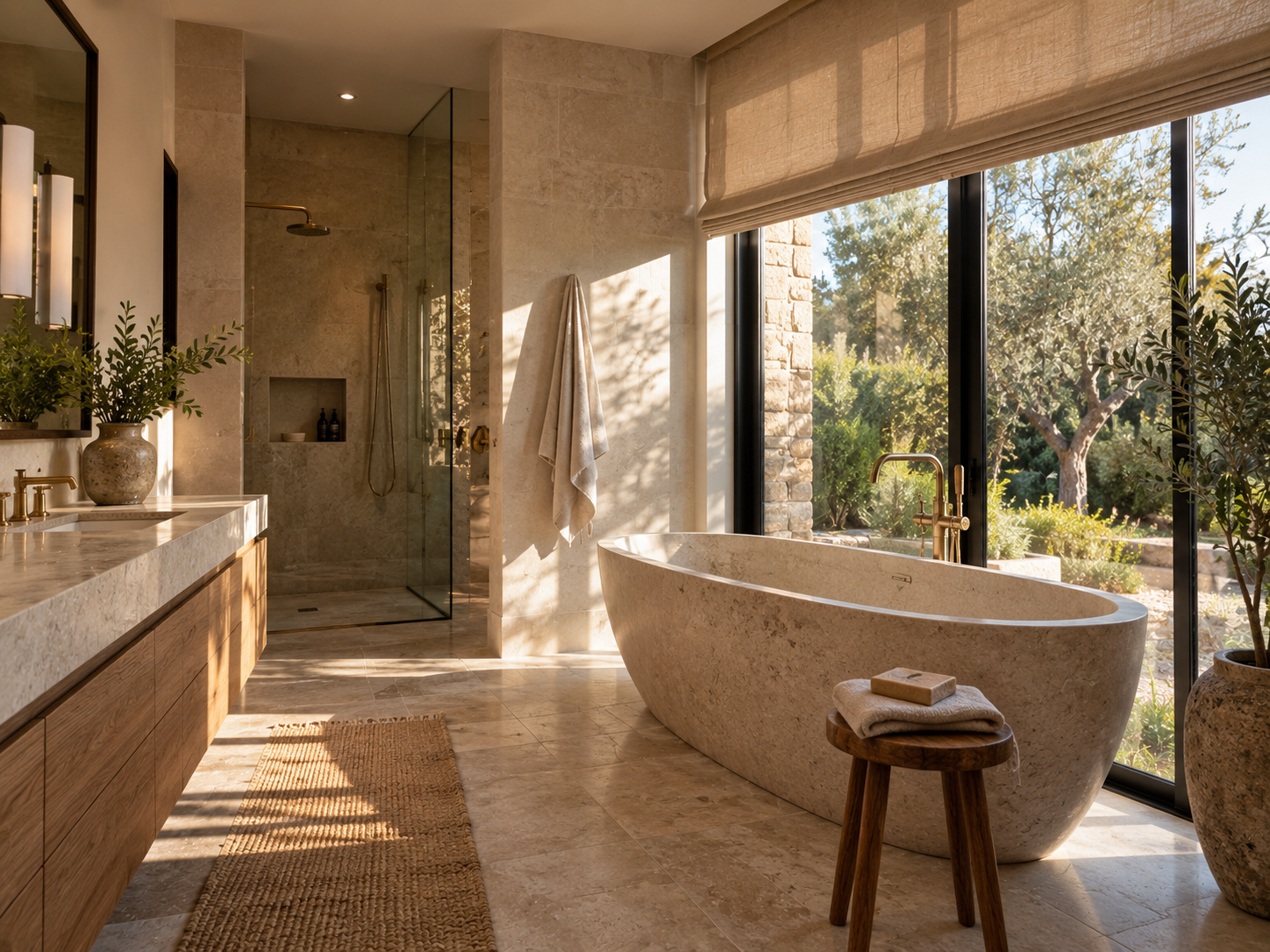 Uncluttered luxury bathroom with minimal surfaces and generous negative space