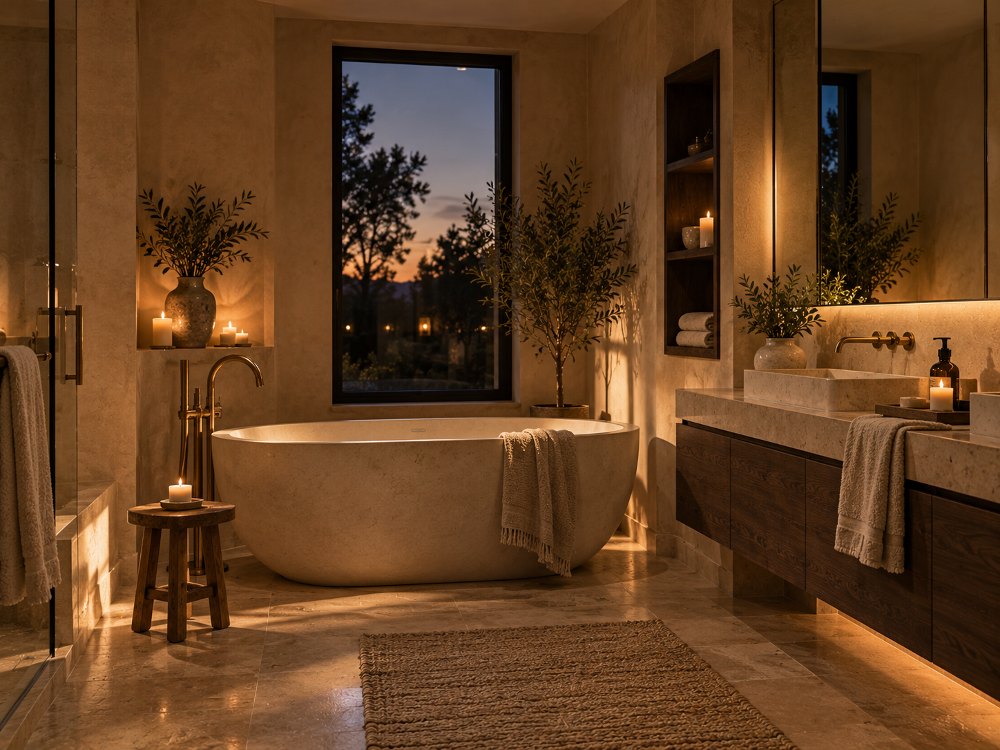 Double vanity bathroom with two basins and calm symmetrical layout in a luxury interior