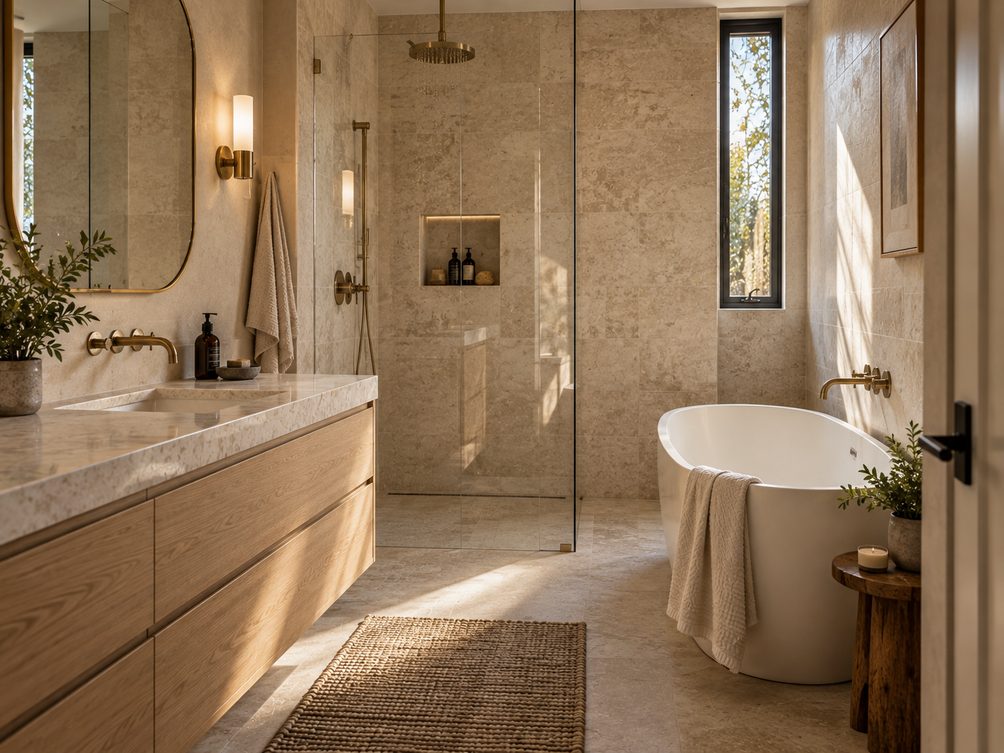 Textured wall surfaces and layered materials creating depth in a quiet luxury bathroom