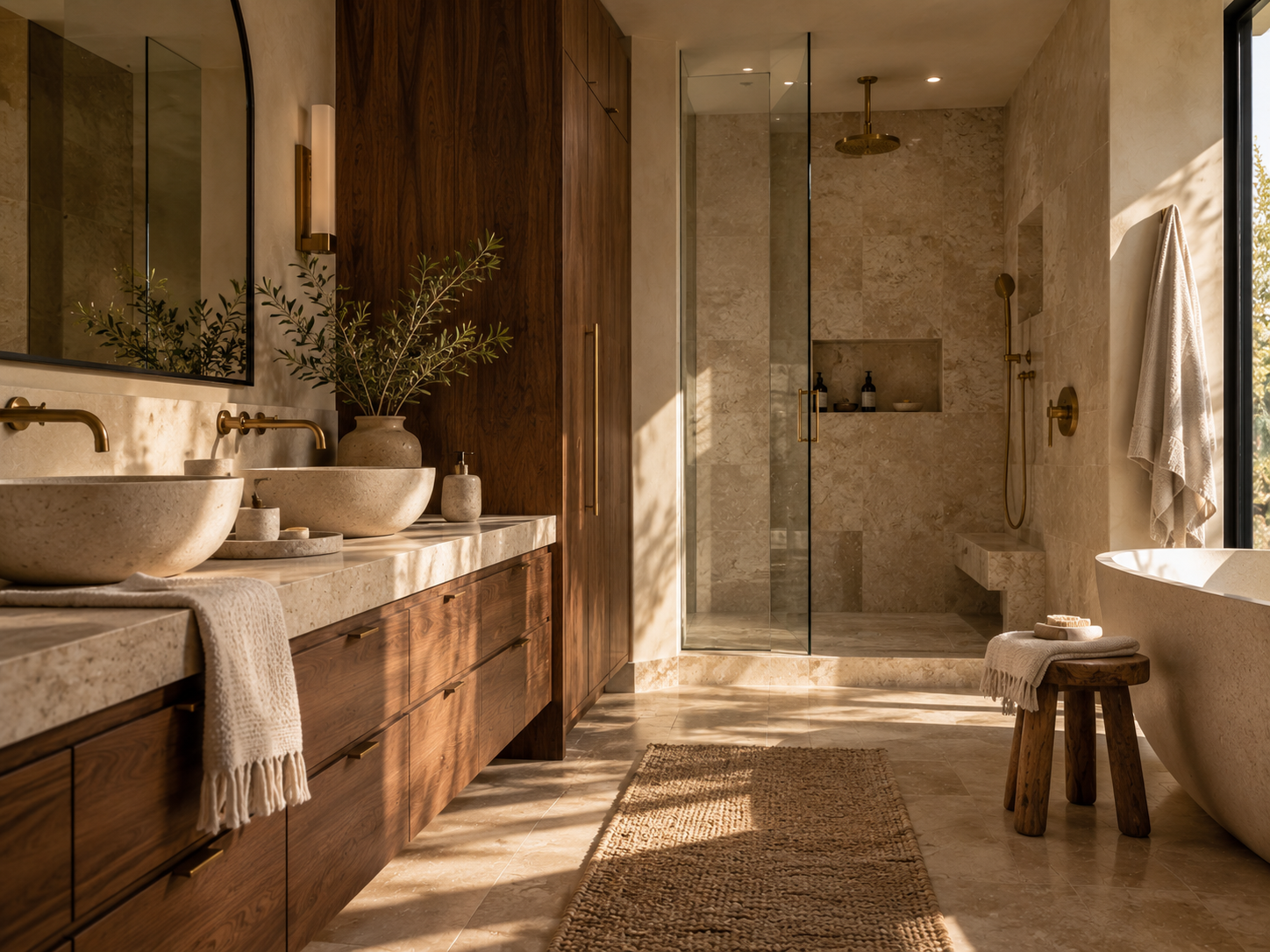 Wellness shower with body jets steam feature and natural stone walls in a luxury bathroom
